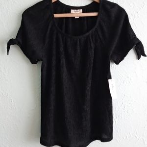 NWT Style & Co Womens Top Black Knit Tie Puff Short Scoop Neck Sleeves Sleeve S